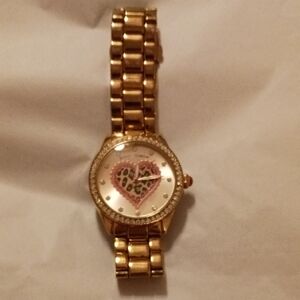 Betsey Johnson Gold Watch with Pink Heart Design